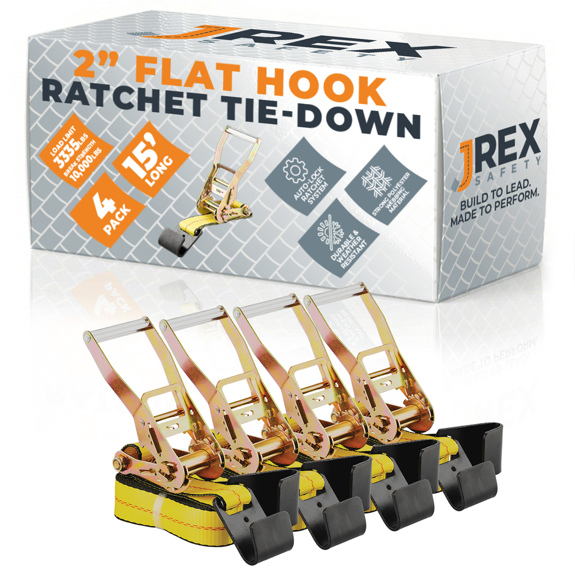 4 Pack HD Ratchet Straps with Flat Hooks - Yellow 2" x 15' Tie Downs